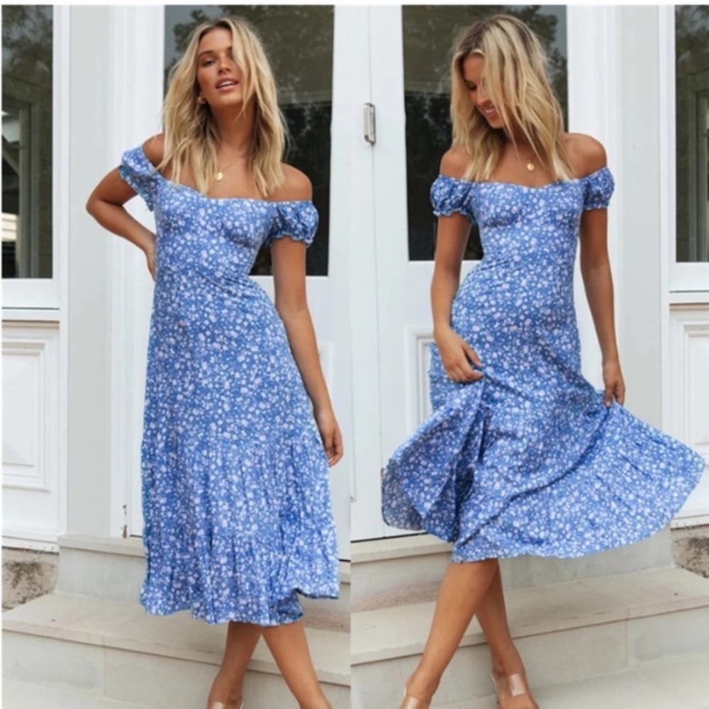 Boho Blue Floral Ruffle Hem Off Shoulder Dress - Picture 4 of 6